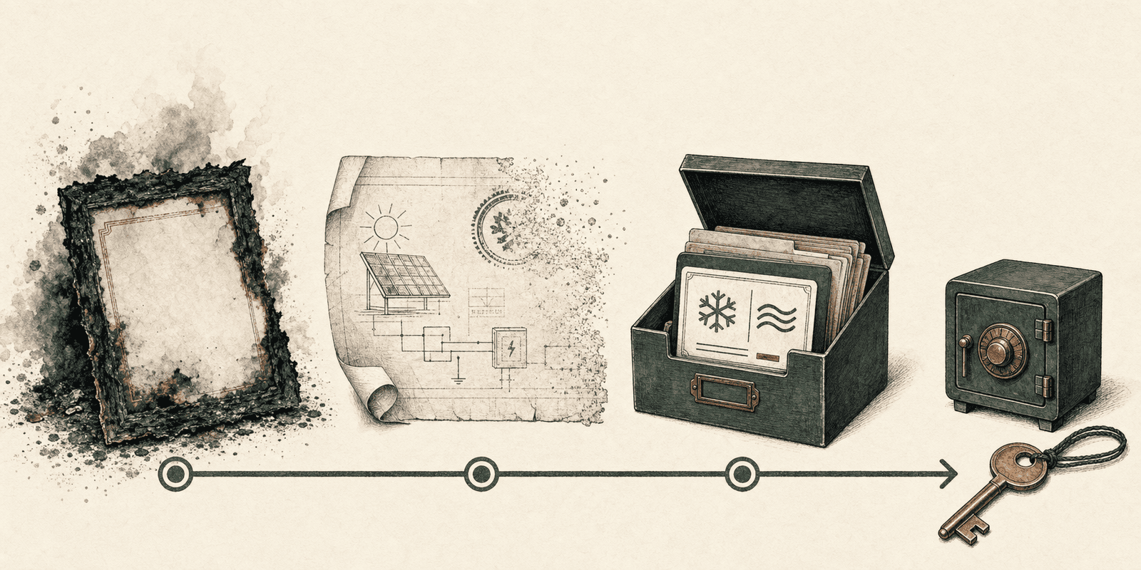 Editorial illustration reading left to right: a burned, empty picture frame; a hand-drawn solar and systems blueprint; a green document box holding an HVAC training card; and a small locked safe with a key — depicting three credential-loss failure modes (a document destroyed by fire, an issuer that disappeared, a rebranded company) resolving into owner-controlled custody. Illustration, not a photograph or documentary record.
